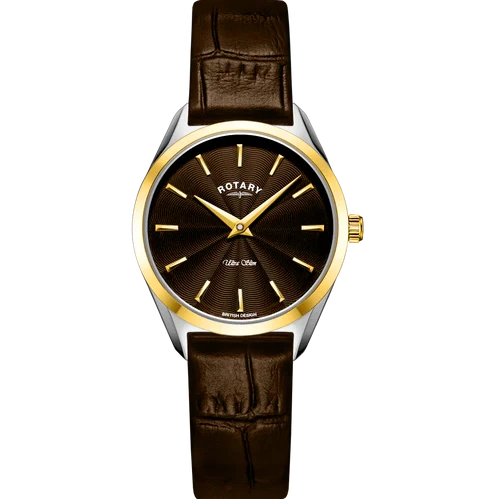 Rotary Ultra Thin Two Tone Brown Leather Strap Ladies Watch
