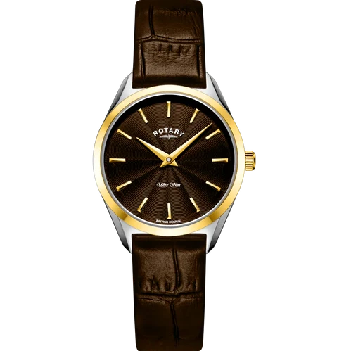 Rotary Ultra Thin Two-Tone Brown Leather Strap Ladies Watch