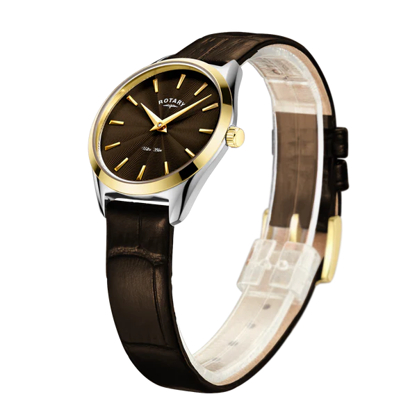 Rotary Ultra Thin Two Tone Brown Leather Strap Ladies Watch