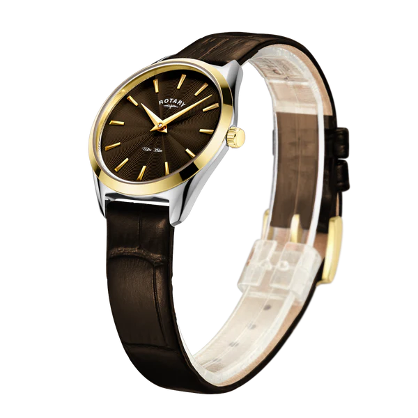 Rotary Ultra Thin Two-Tone Brown Leather Strap Ladies Watch
