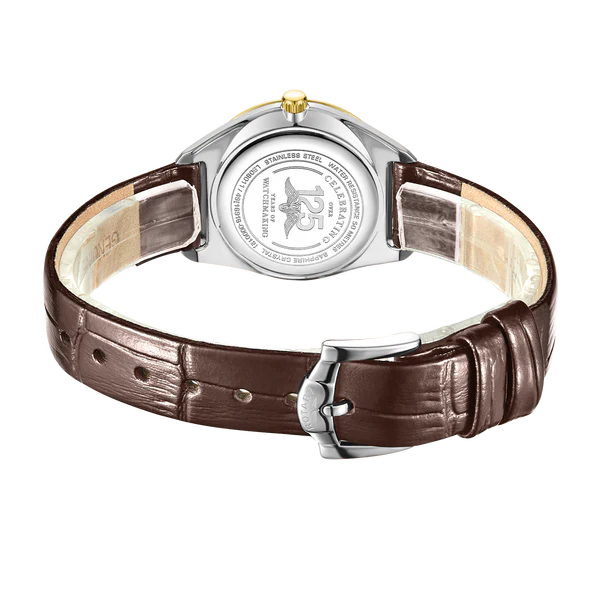 Rotary Ultra Thin Two-Tone Brown Leather Strap Ladies Watch