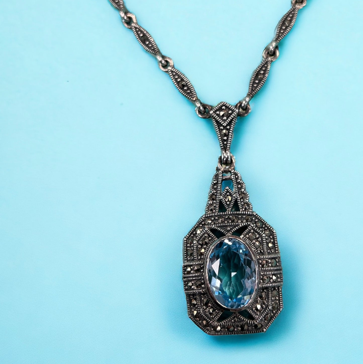 Art Deco Reproduction Sterling Silver Blue Topaz and Marcasite Necklace
