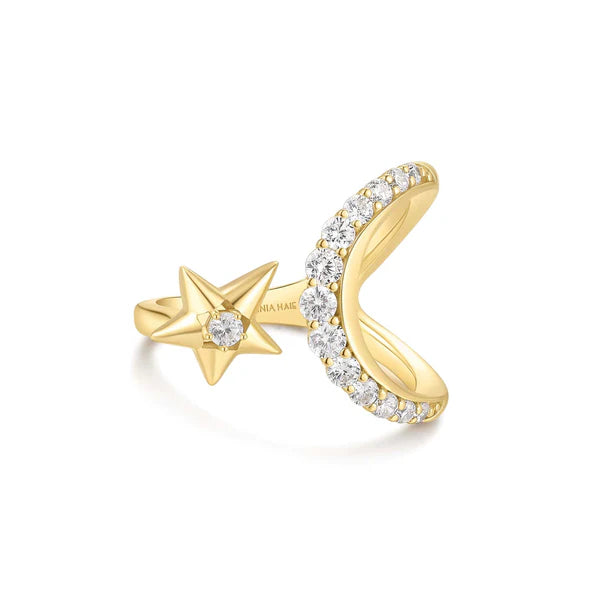 Ania Haie Gold on Silver Sparkling Moon and Star Adjustable Ring