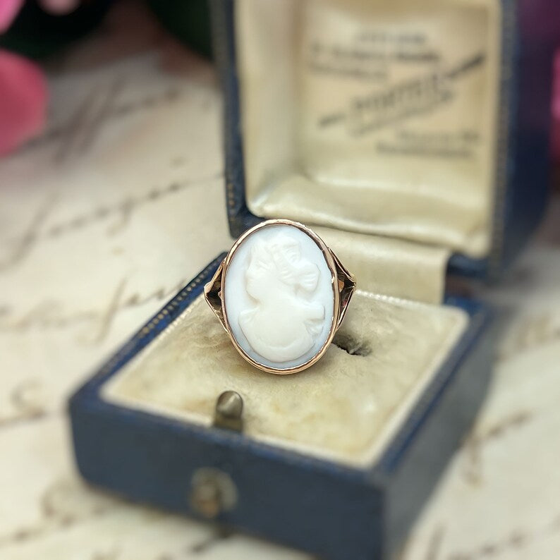 Antique Edwardian 9ct Rose Gold White Cameo Ring Size G