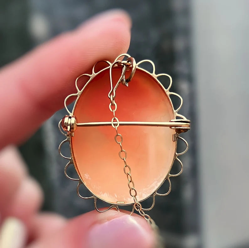 Vintage 9ct Yellow Gold Ladies Portrait Orange Cameo Brooch/Pendant
