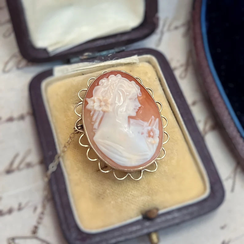 Vintage 9ct Yellow Gold Ladies Portrait Orange Cameo Brooch/Pendant