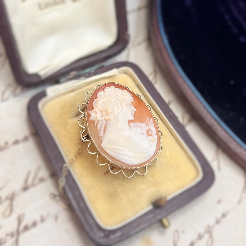 Vintage 9ct Yellow Gold Ladies Portrait Orange Cameo Brooch/Pendant