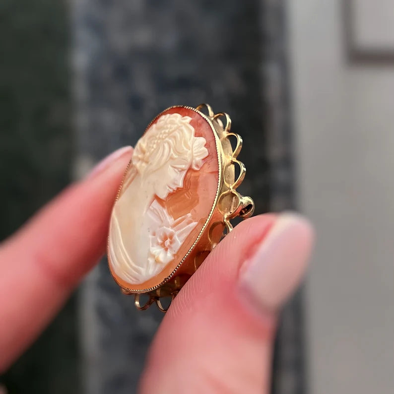 Vintage 9ct Yellow Gold Ladies Portrait Orange Cameo Brooch/Pendant