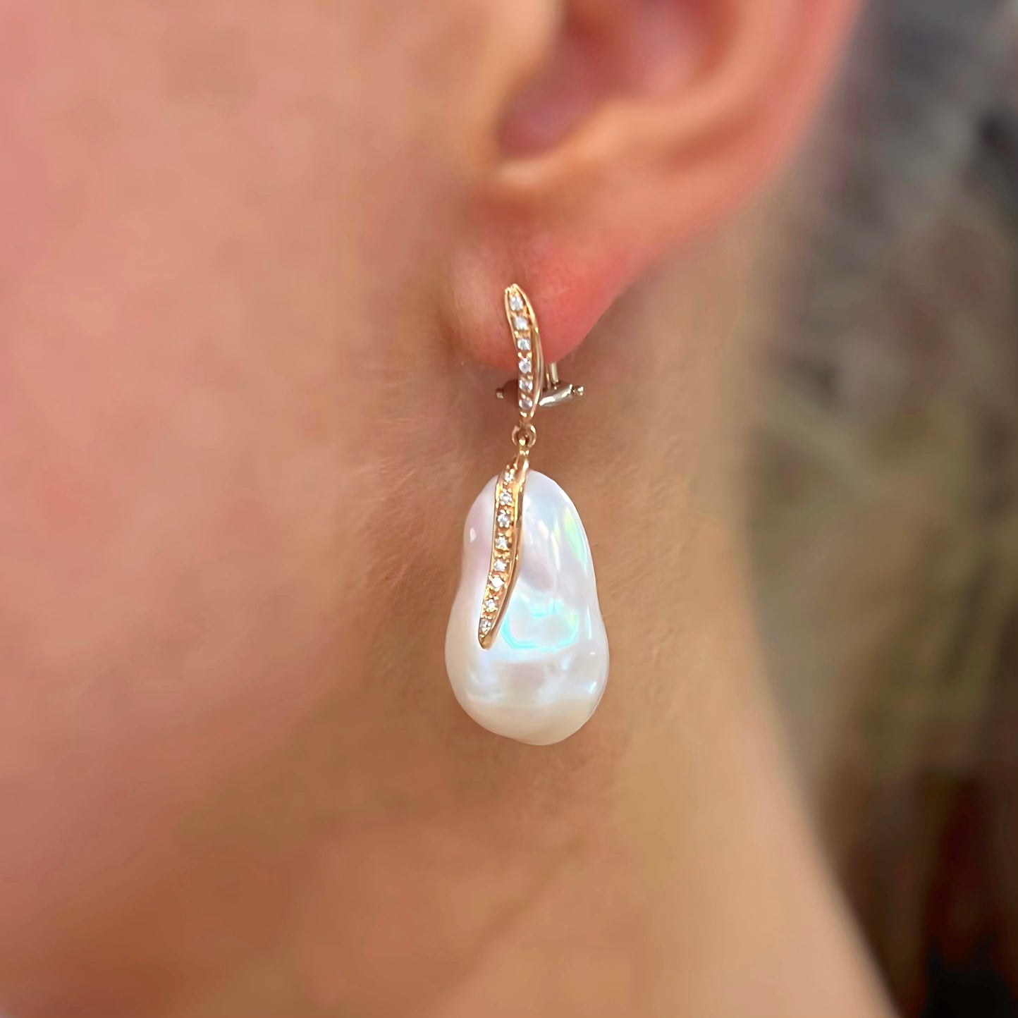 Large White Baroque Pearl Set In 18ct Rose Gold With Diamonds Earrings