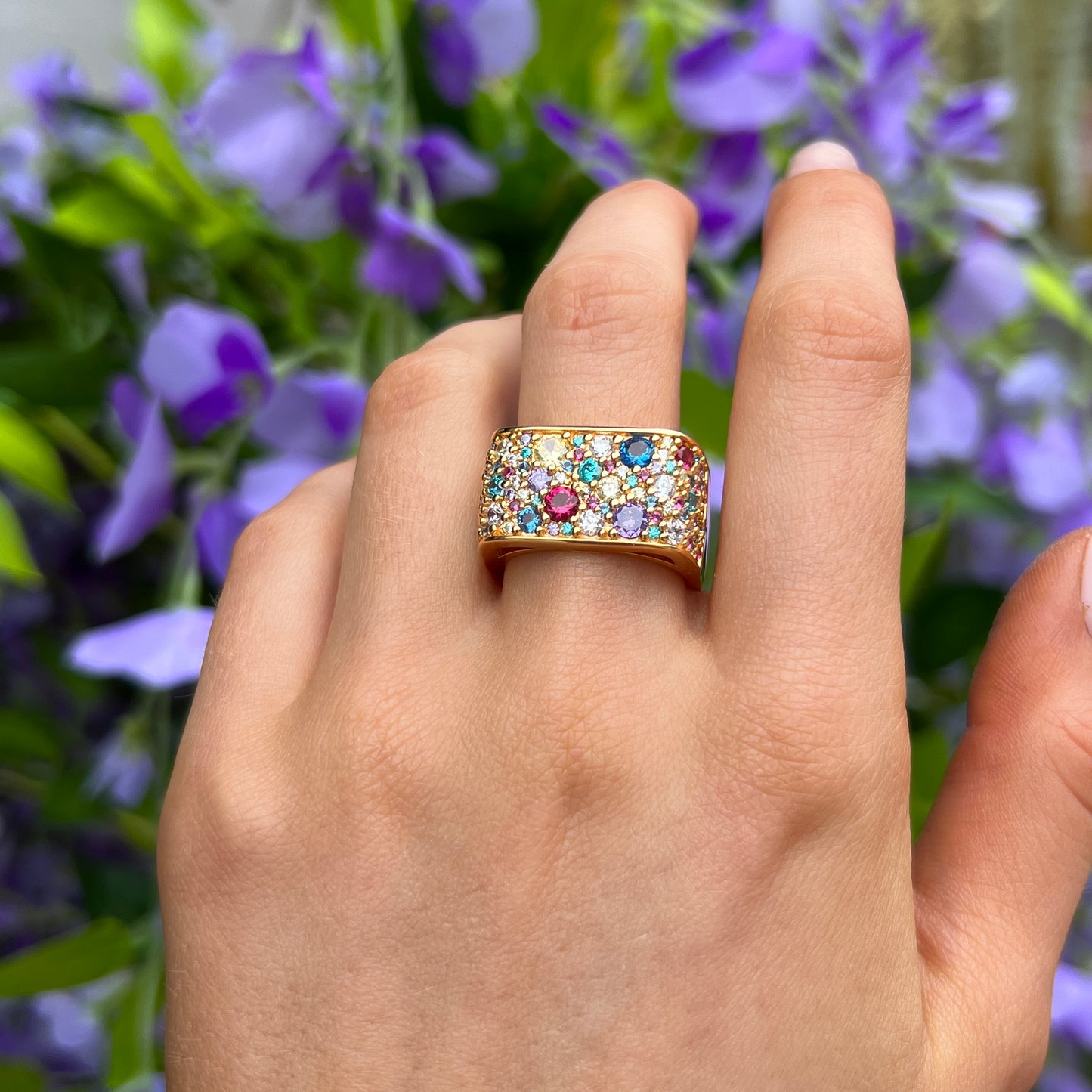 Sif Jakobs Novara Quadrato Ring - 18ct Gold Plated Sterling Silver with Multicoloured Zirconia - Size Q