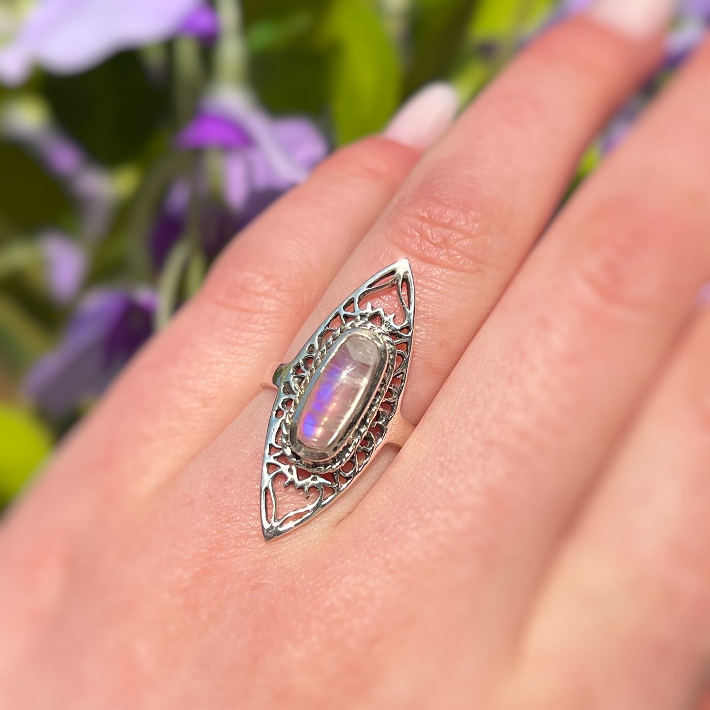 Sterling Silver Bohemian Inspired Rainbow Moonstone Filigree Ring - Size L