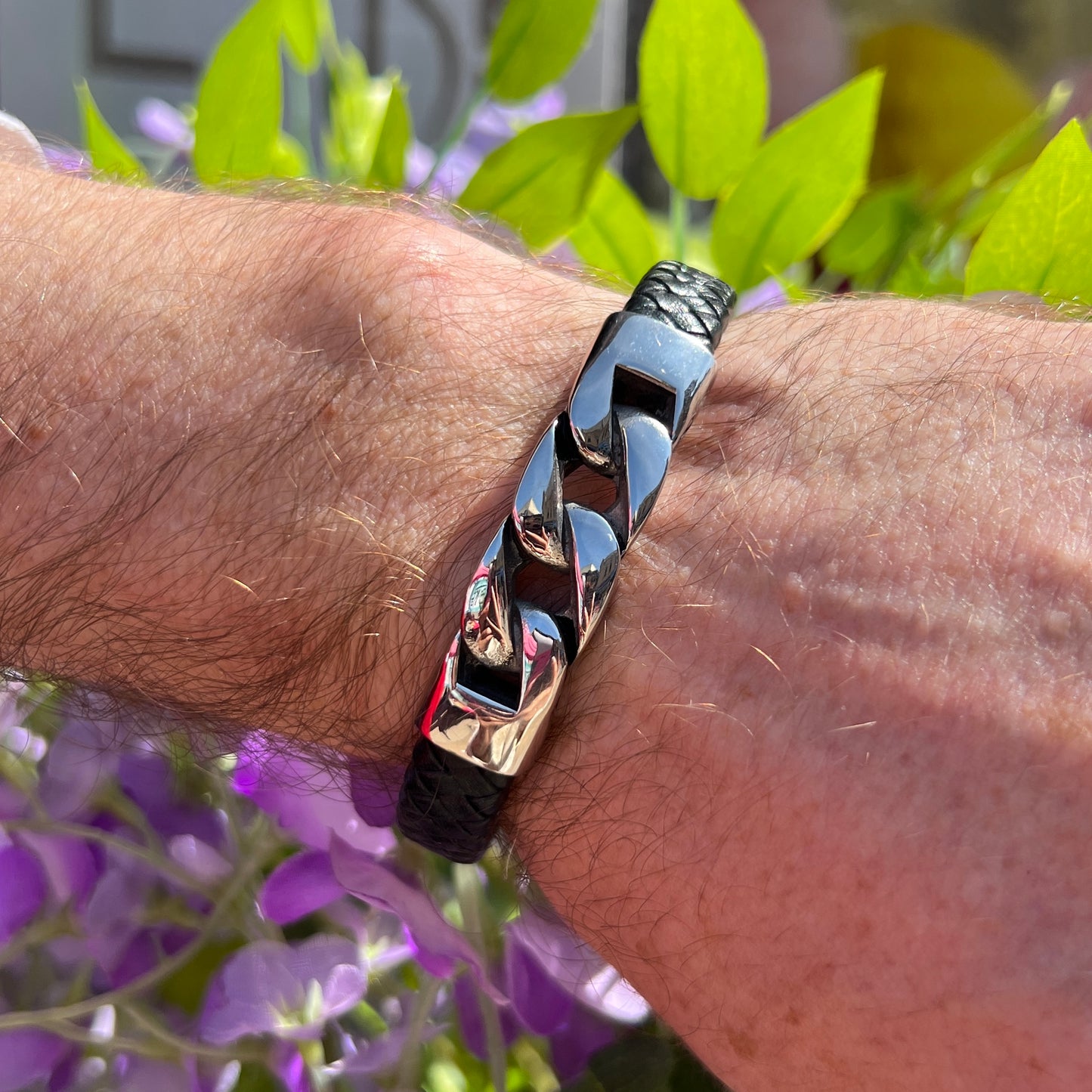 Gents Stainless Steel Woven Leather Bracelet