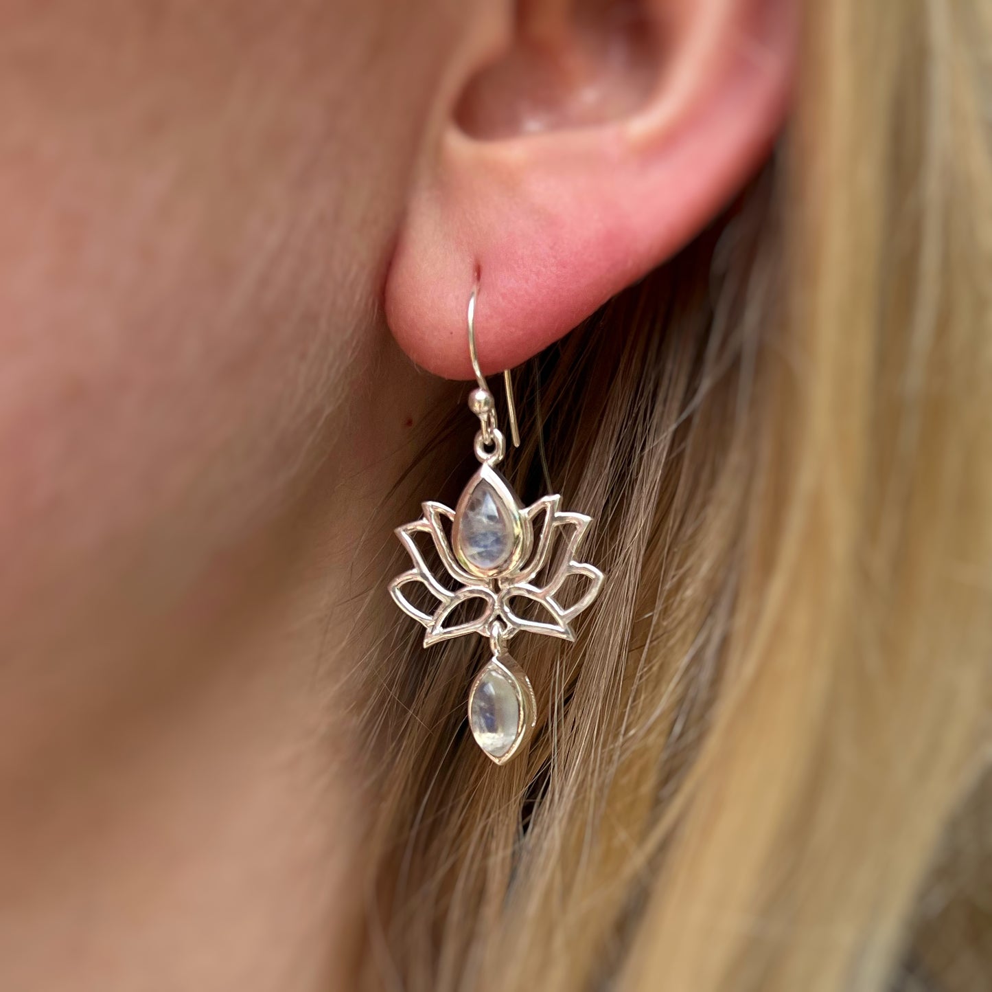 Sterling Silver Lotus Flower Rainbow Moonstone Earrings