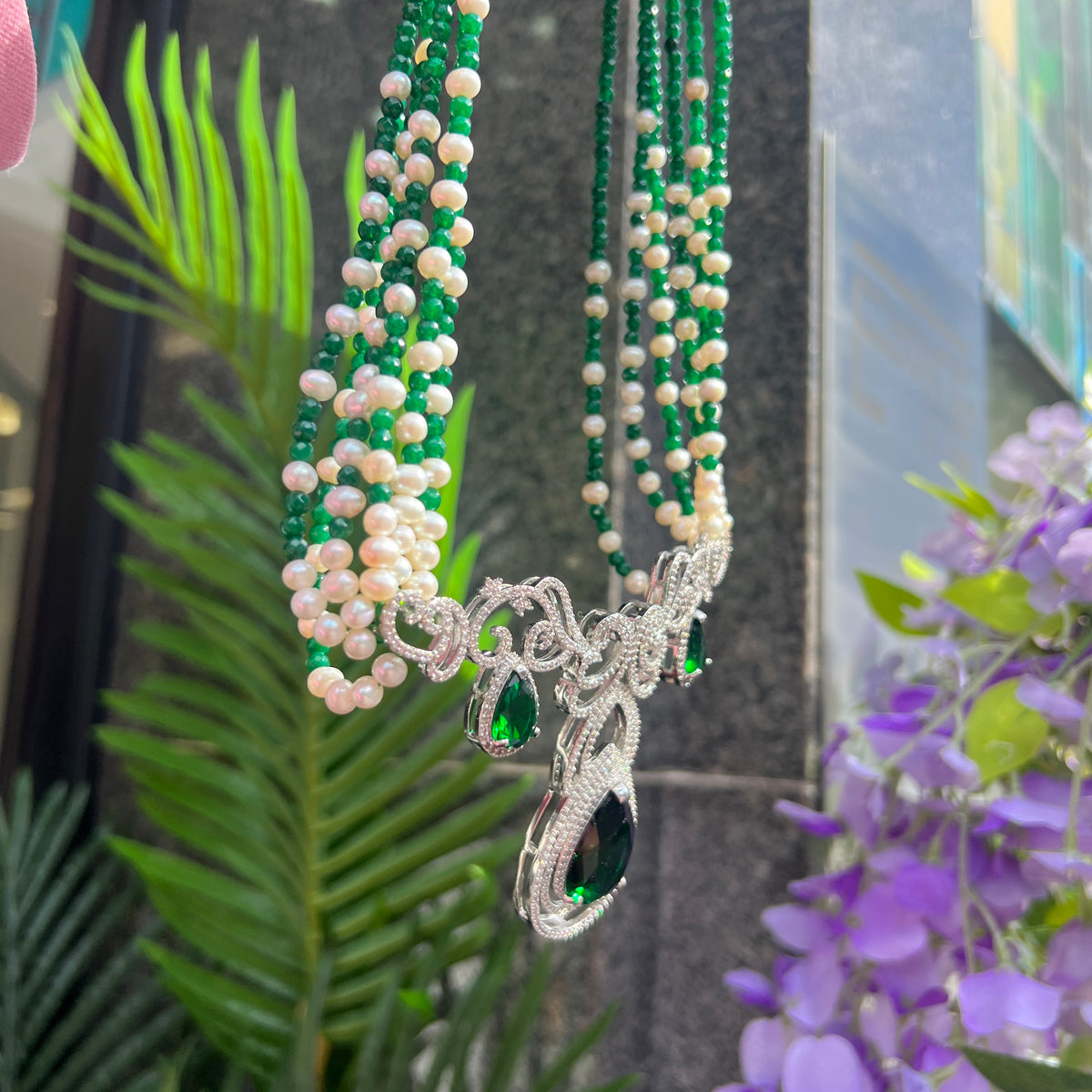 Pearl, Jade and Cubic Zirconia 18ct White Gold Plated Beaded Necklace