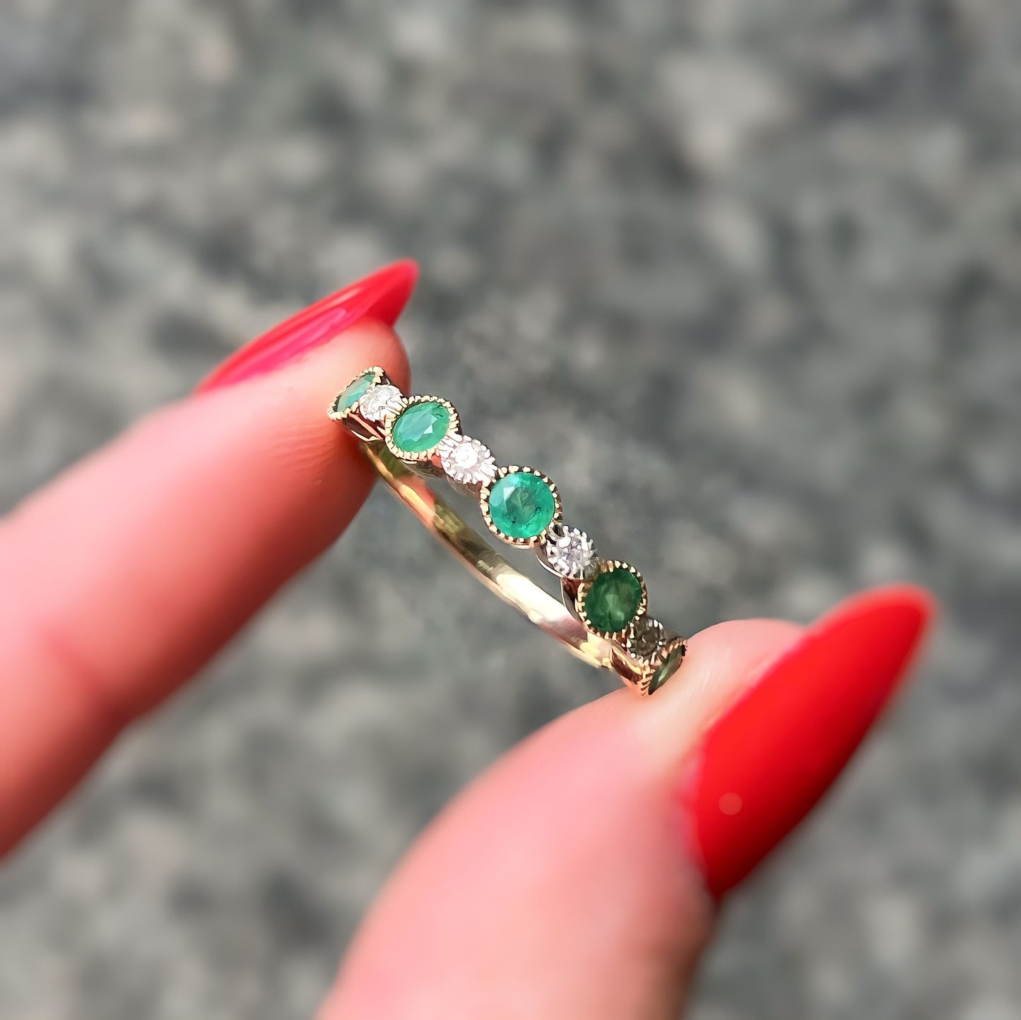 9ct Yellow Gold Emerald and Diamond Half Eternity Ring - Size O