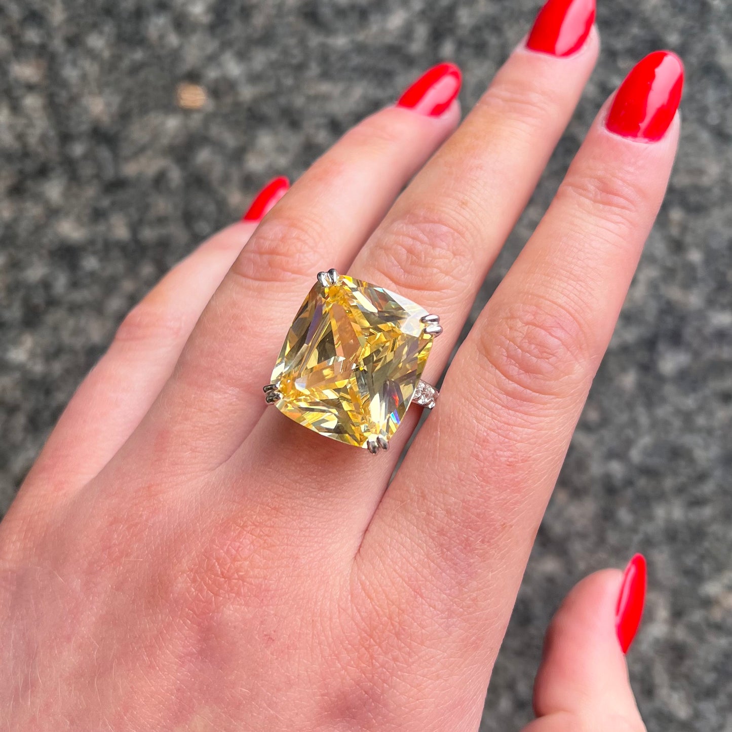 Show-stopping Sterling Silver Clear and Lemon Yellow Cubic Zirconia Ring