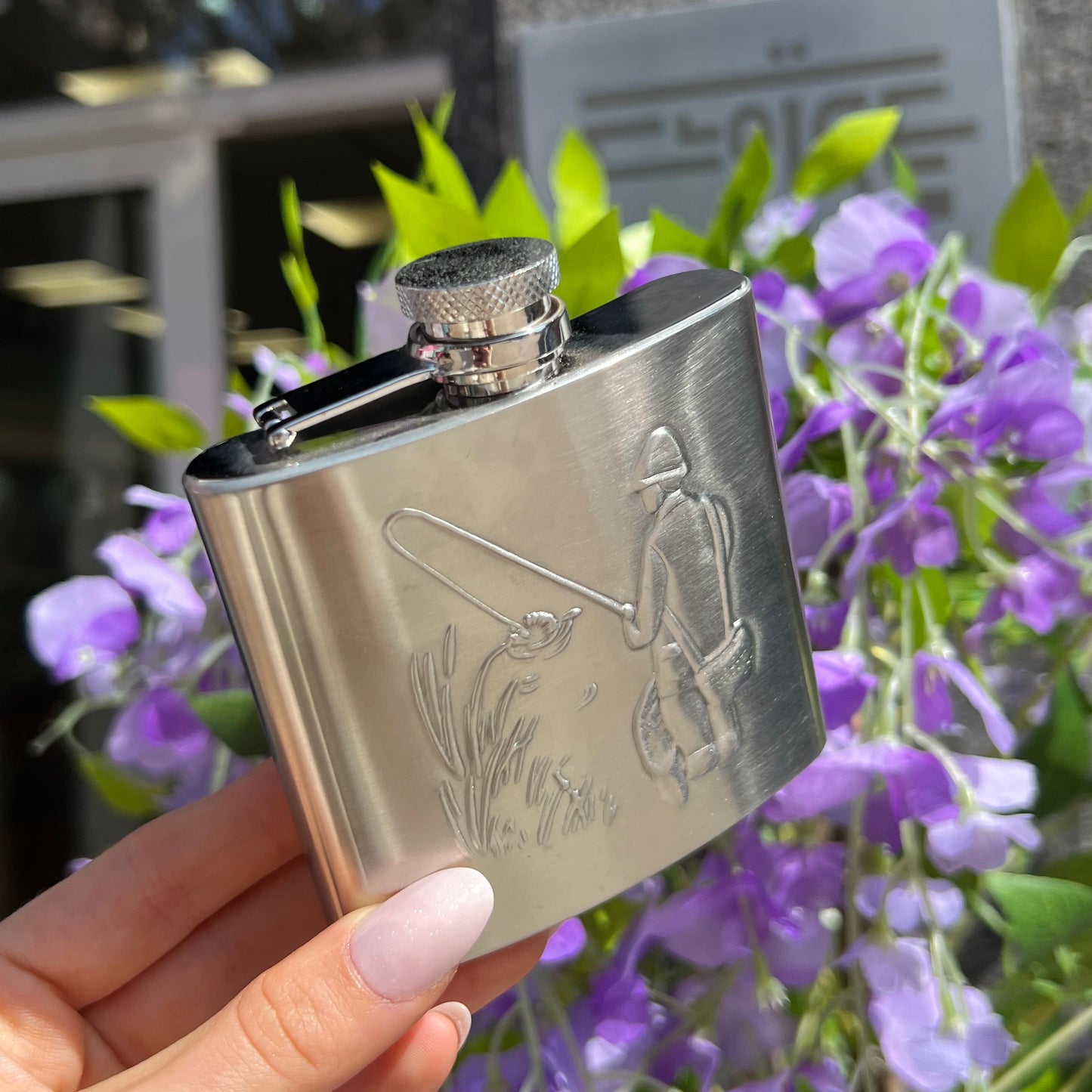Gents Stainless Steel Embossed Fishing Design Hip Flask