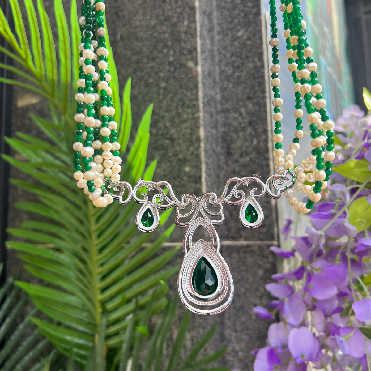 Pearl, Jade and Cubic Zirconia 18ct White Gold Plated Beaded Necklace