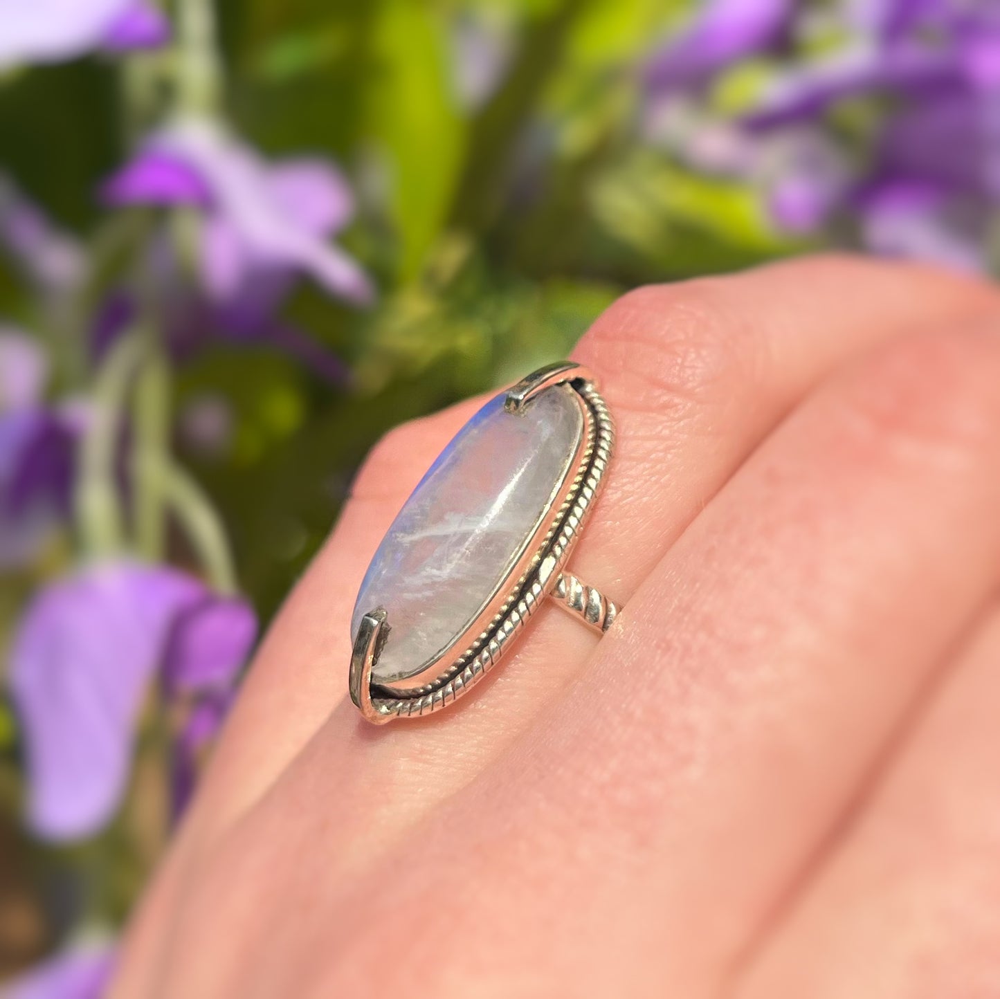Sterling Silver Statement Rainbow Moonstone Ring - Size L