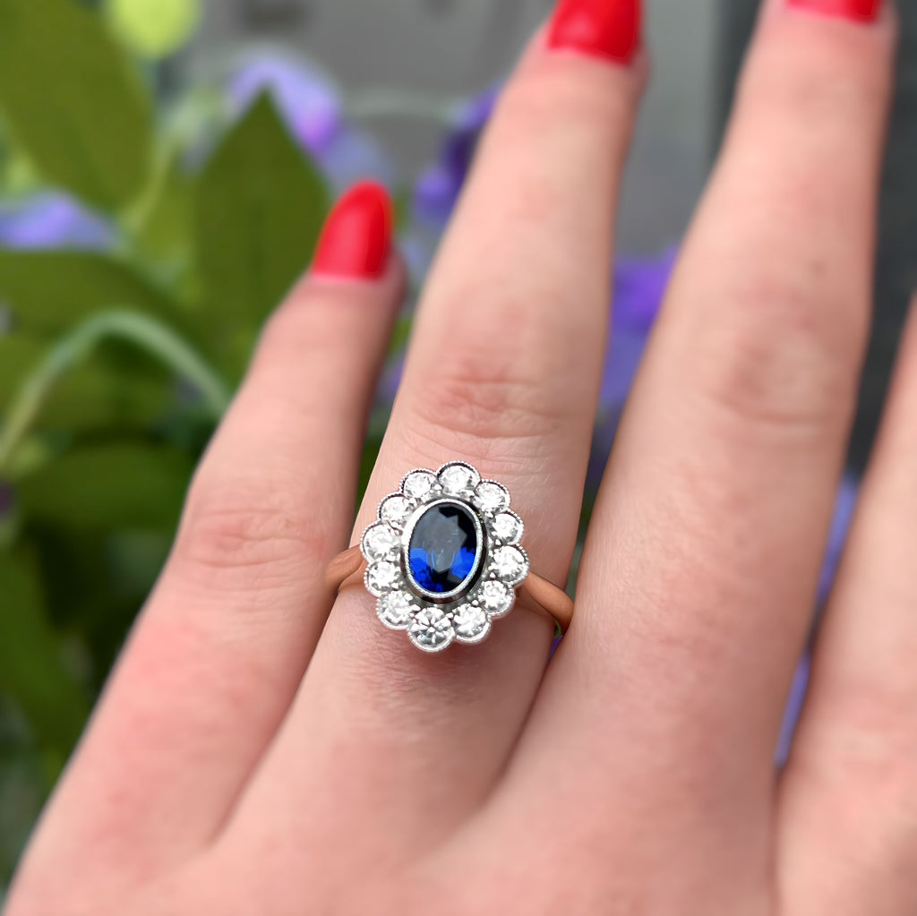 Ceylon Sapphire and Diamond 18ct Yellow Gold Cluster Ring | Size M ½