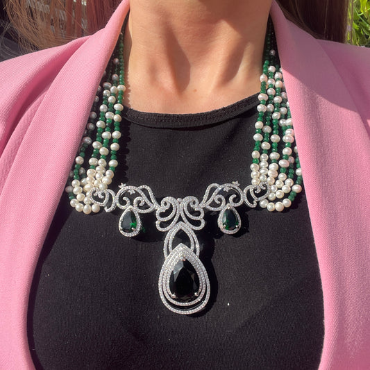 Sterling Silver Pearl, jade and Cubic Zirconia Beaded Statement Necklace