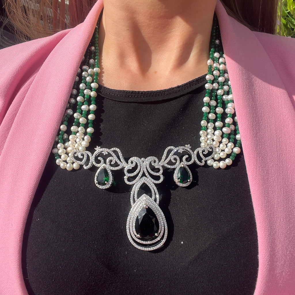 Pearl, Jade and Cubic Zirconia 18ct White Gold Plated Beaded Necklace
