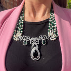 Pearl, Jade and Cubic Zirconia 18ct White Gold Plated Beaded Necklace
