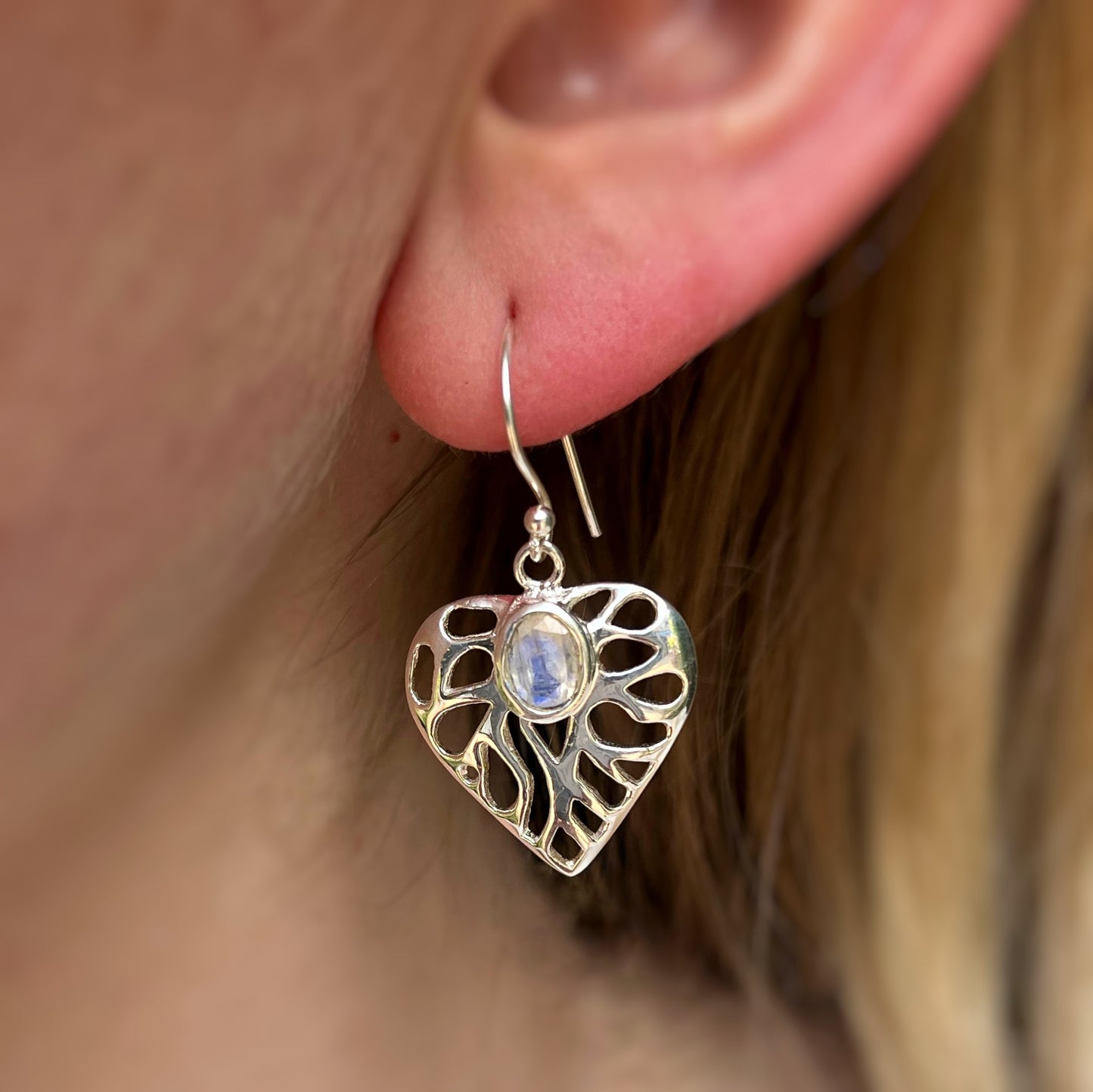 Sterling Silver Rainbow Moonstone Heart Earrings