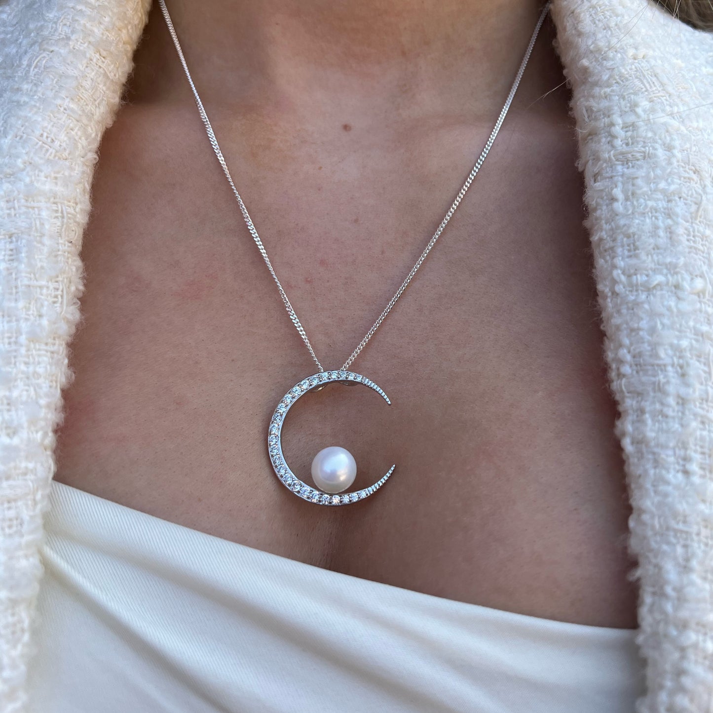 Sterling Silver Crescent Moon Pearl Necklace