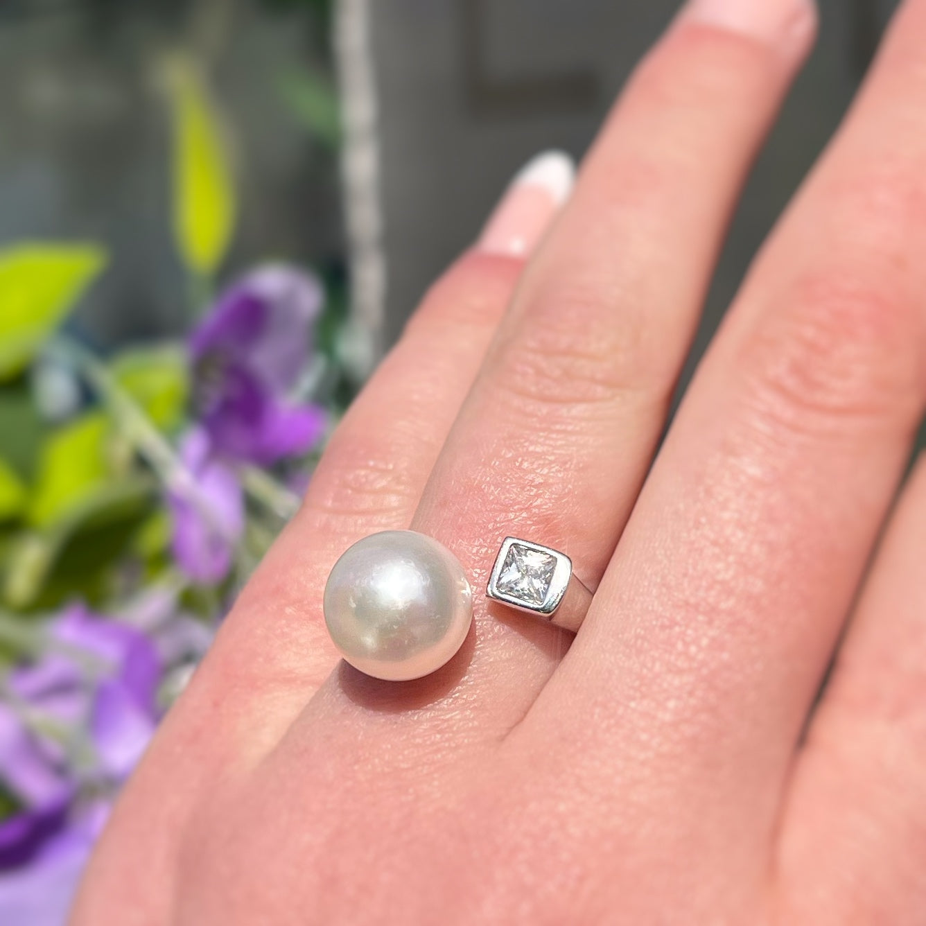 Sterling Silver Cubic Zirconia and Pearl Toi et Moi Ring - Adjustable