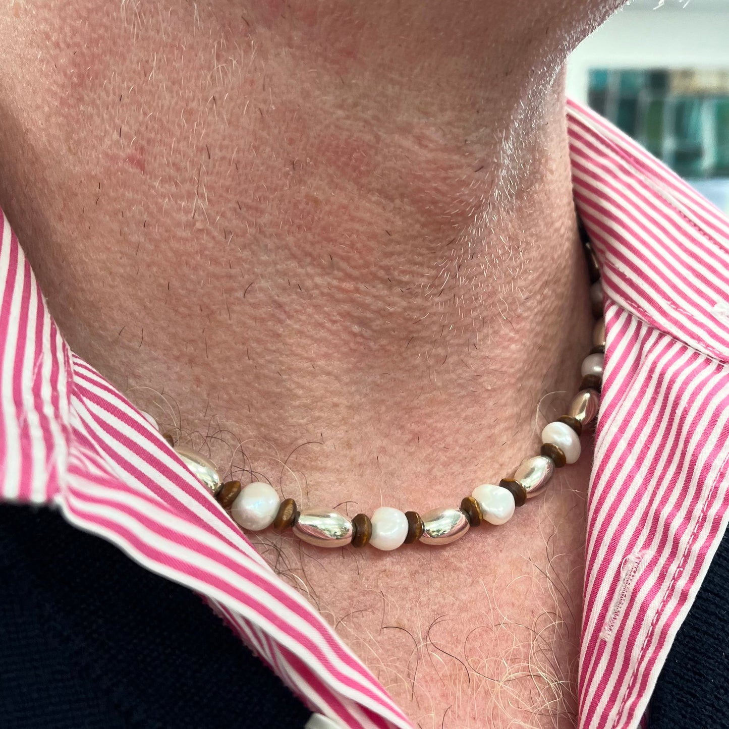 Gents Alternating Pearl Wood and Silver Beaded Necklace