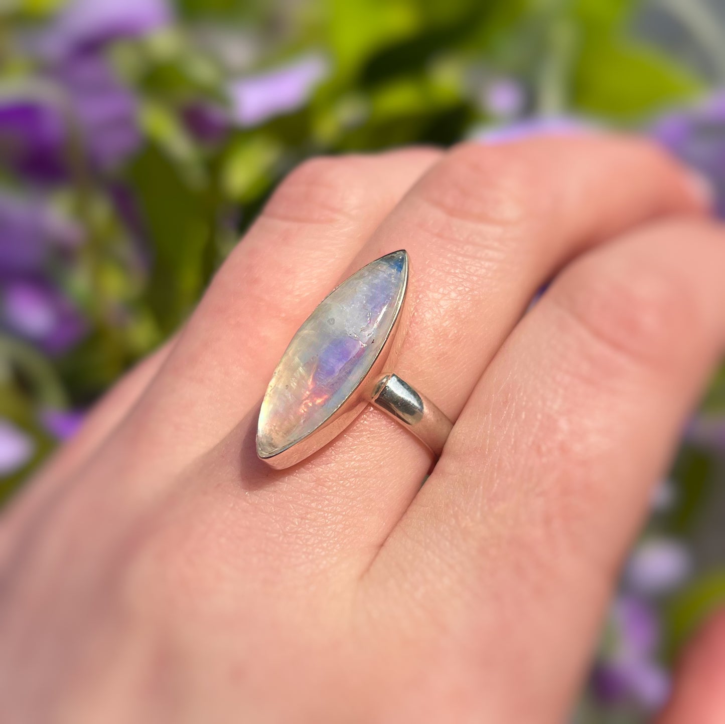 Sterling Silver Elongated Marquise Rainbow Moonstone Ring - Size O1/2