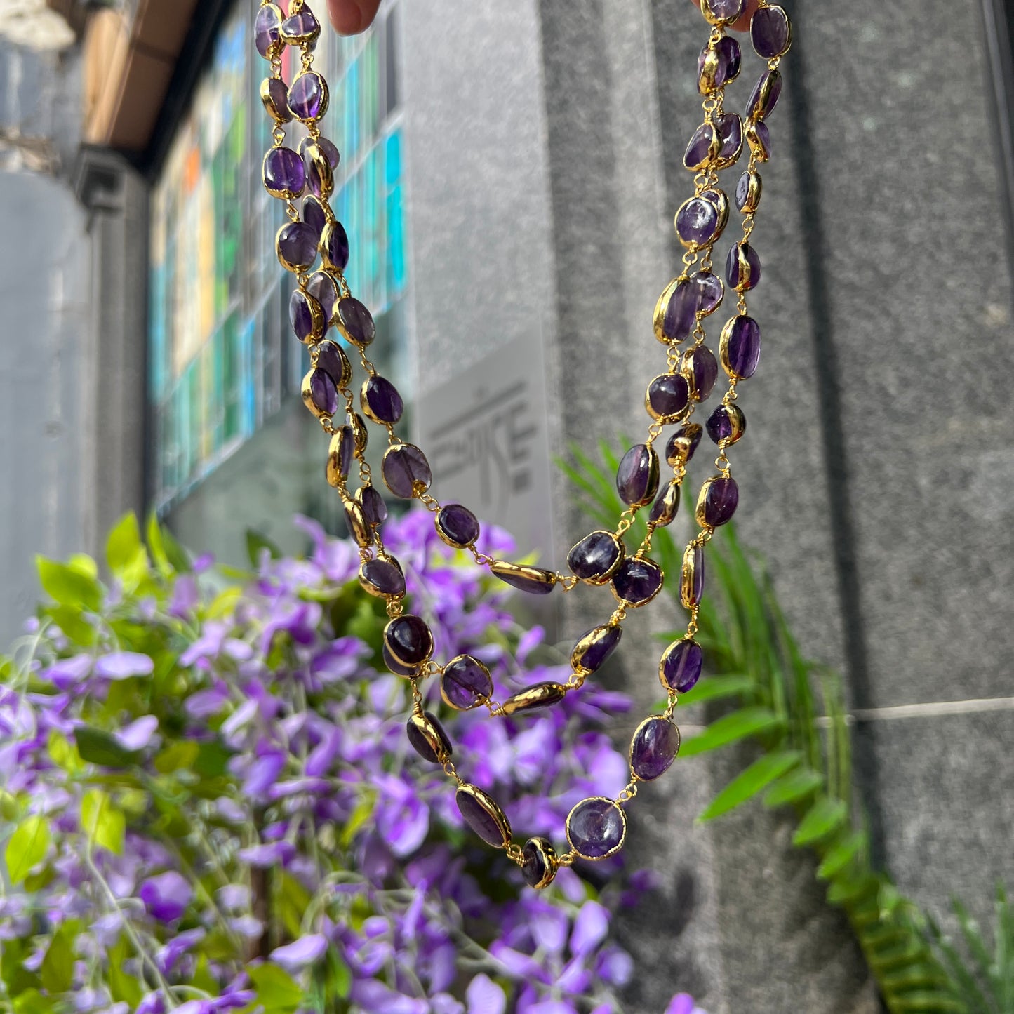 18ct Yellow Gold Plated Amethyst Triple Strand Statement Necklace