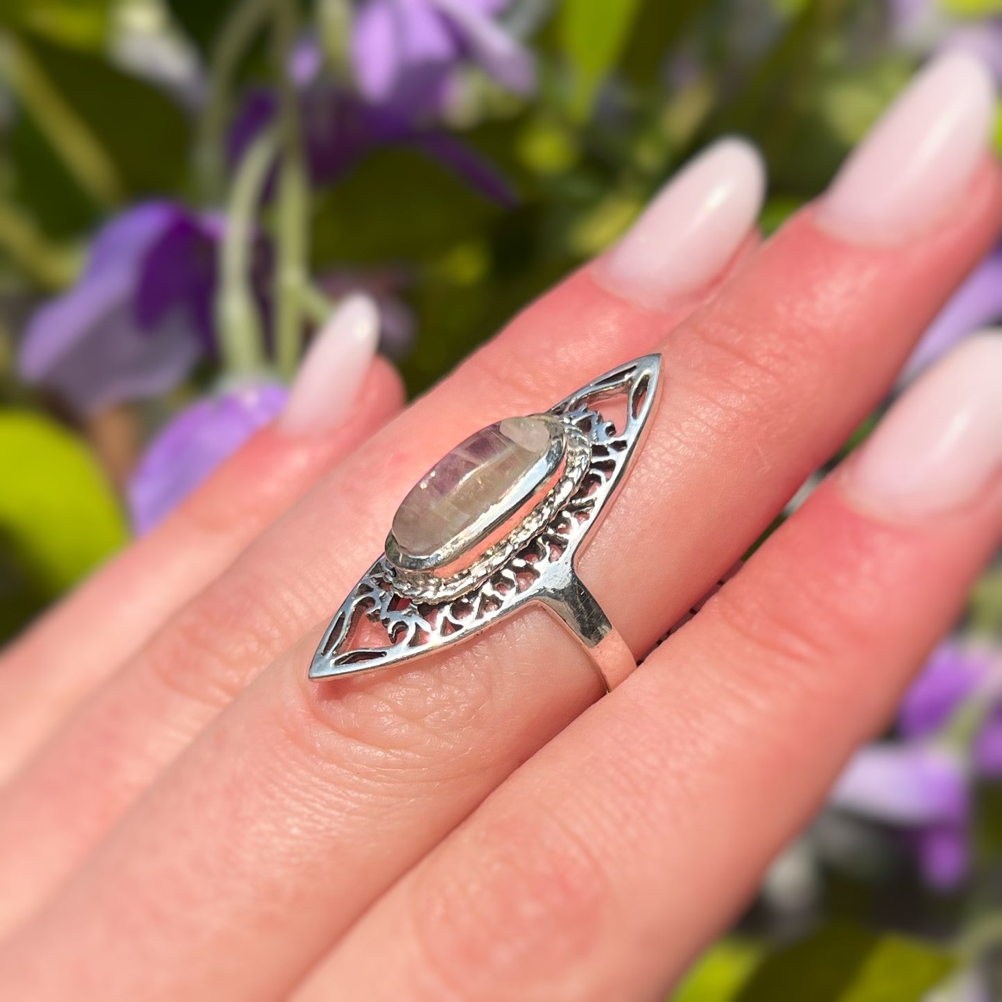 Sterling Silver Bohemian Inspired Rainbow Moonstone Filigree Ring - Size L