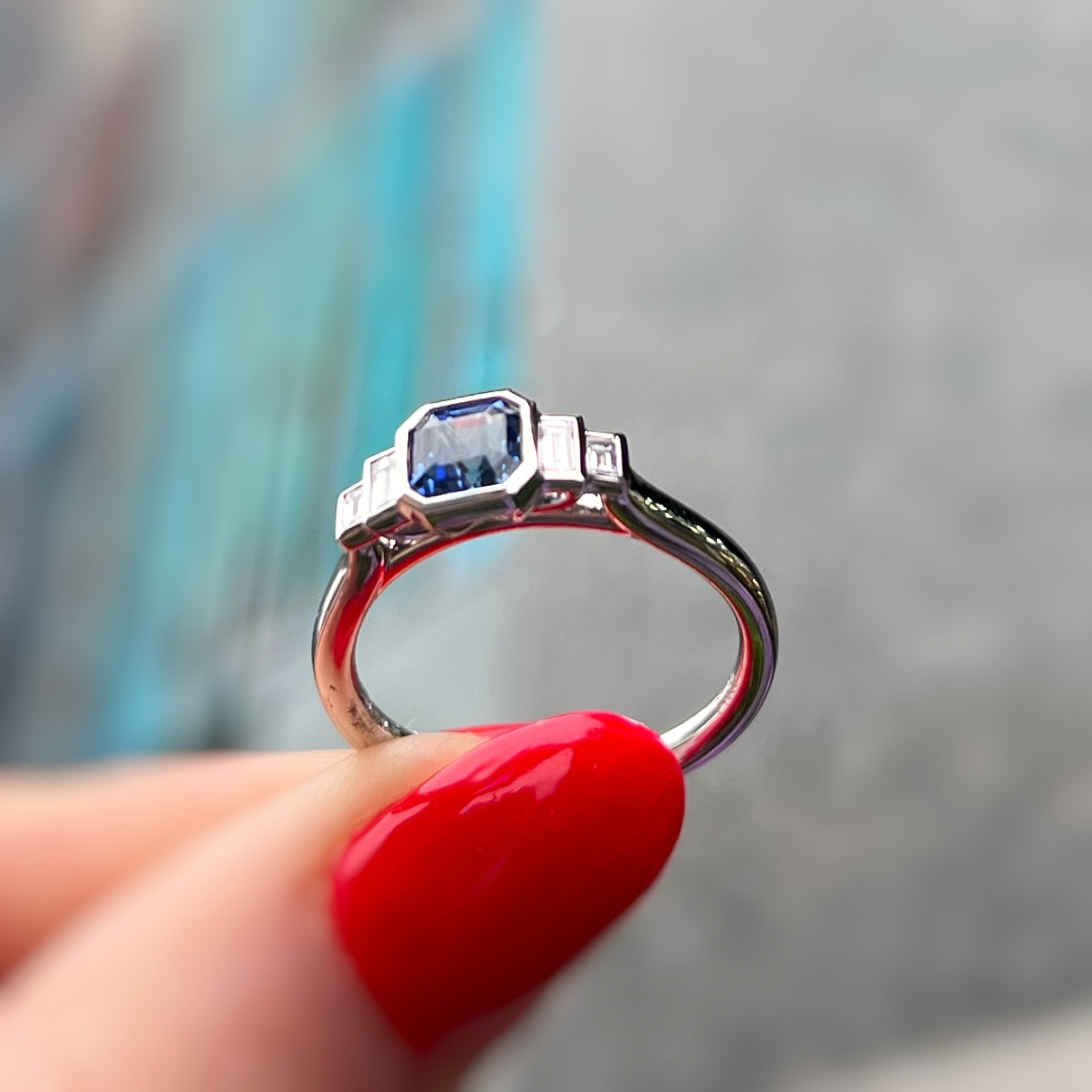 Platinum Sapphire and Diamond Ring - Size M ½