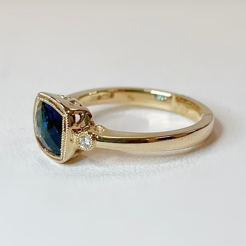 PRE-ORDER Intriguing 9ct Yellow Gold London Blue Topaz and Diamond Ring