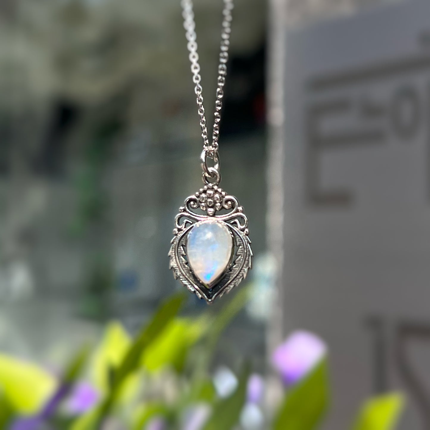 Sterling Silver Dainty Rainbow Moonstone Filigree Necklace