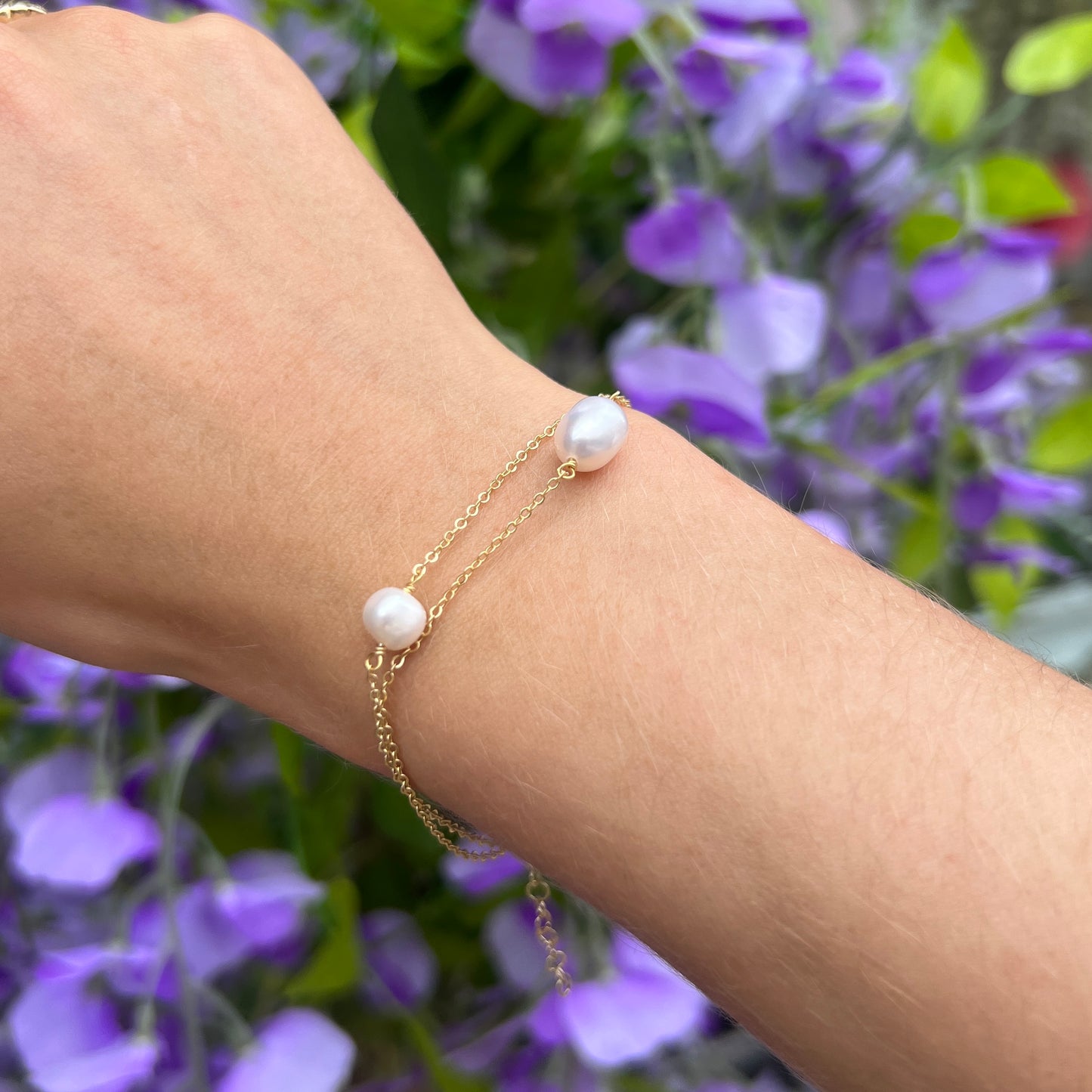 Sterling Silver 9ct Gold Plated Double Pearl Dainty Bracelet
