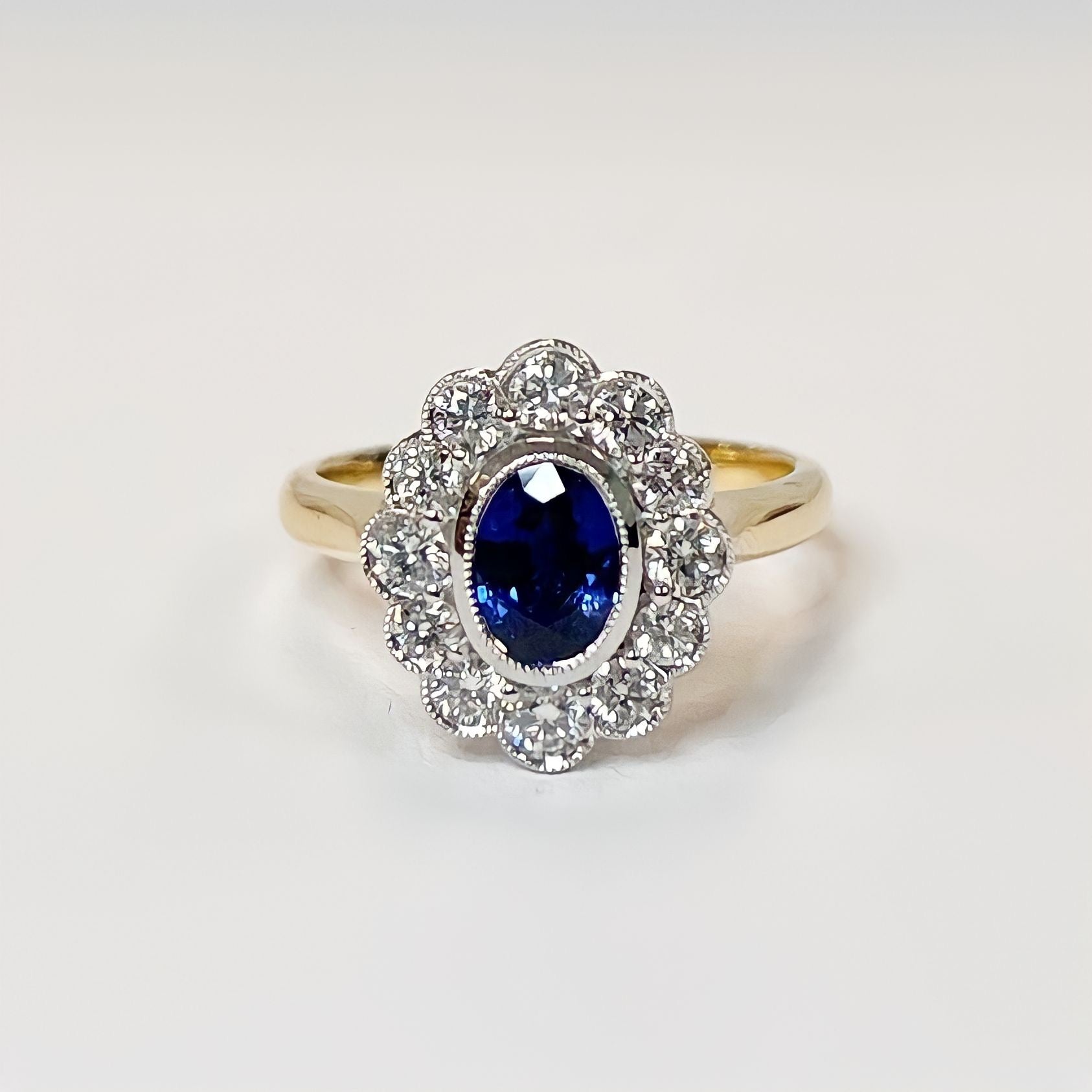 Ceylon Sapphire and Diamond 18ct Yellow Gold Cluster Ring | Size M ½