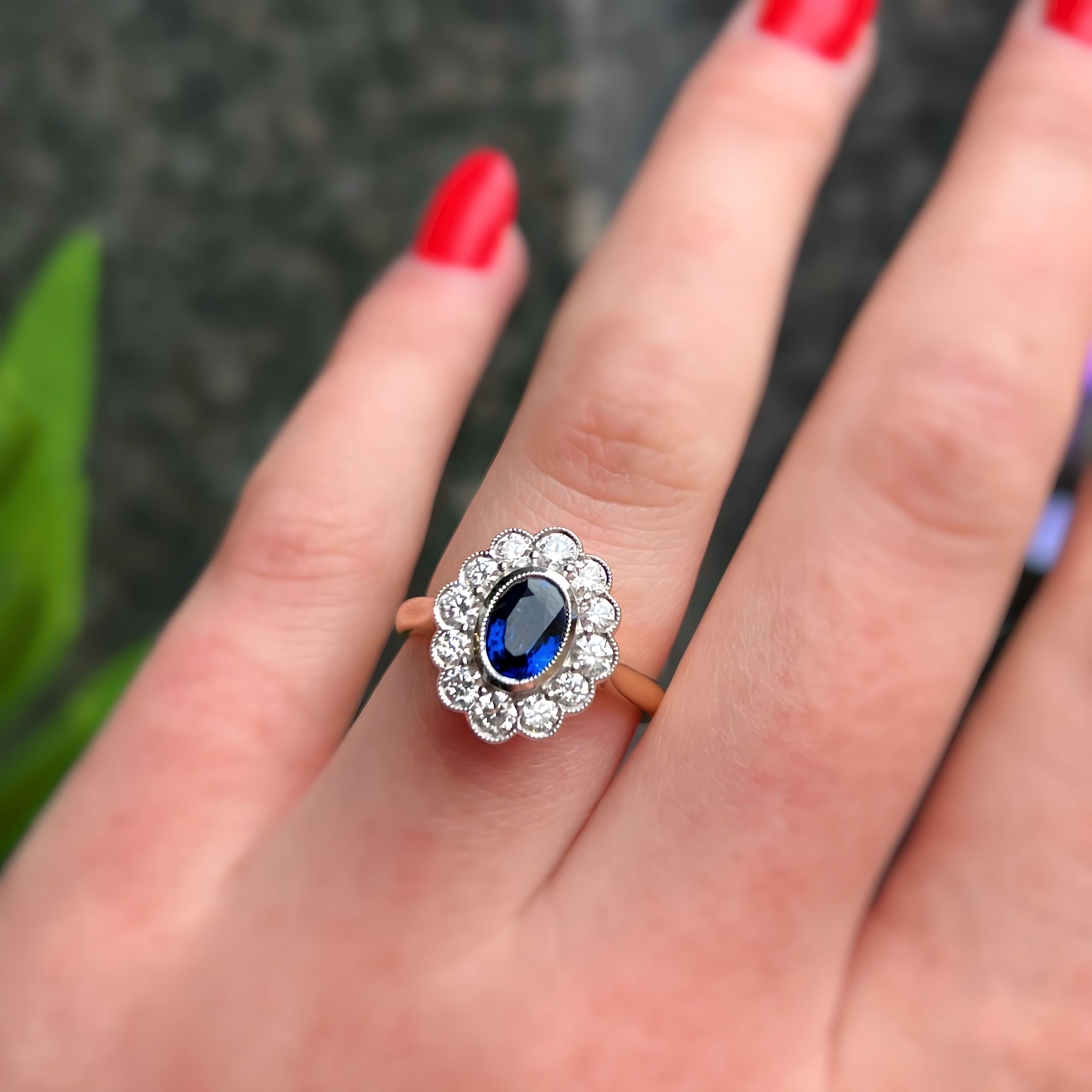 Ceylon Sapphire and Diamond 18ct Yellow Gold Cluster Ring | Size M ½