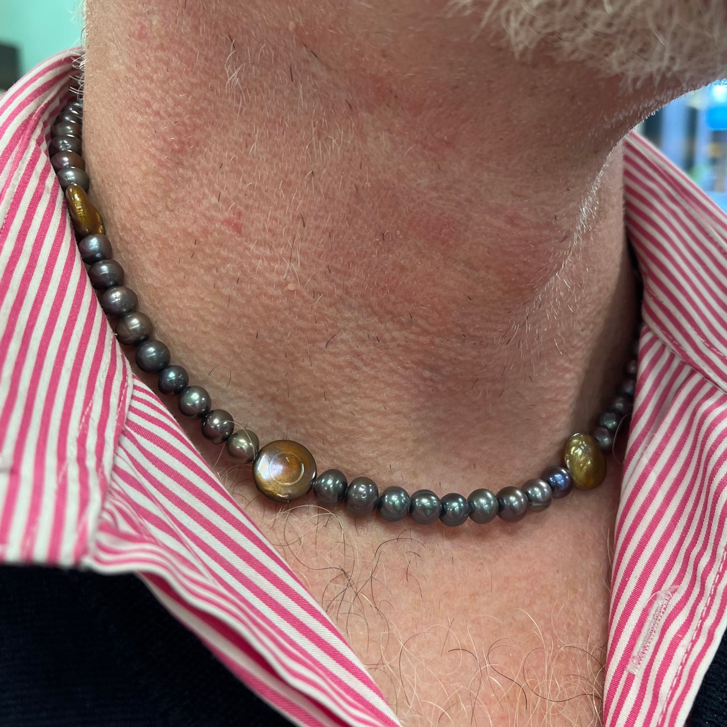 Gents Black Pearl and Copper Button Pearl Beaded Necklace