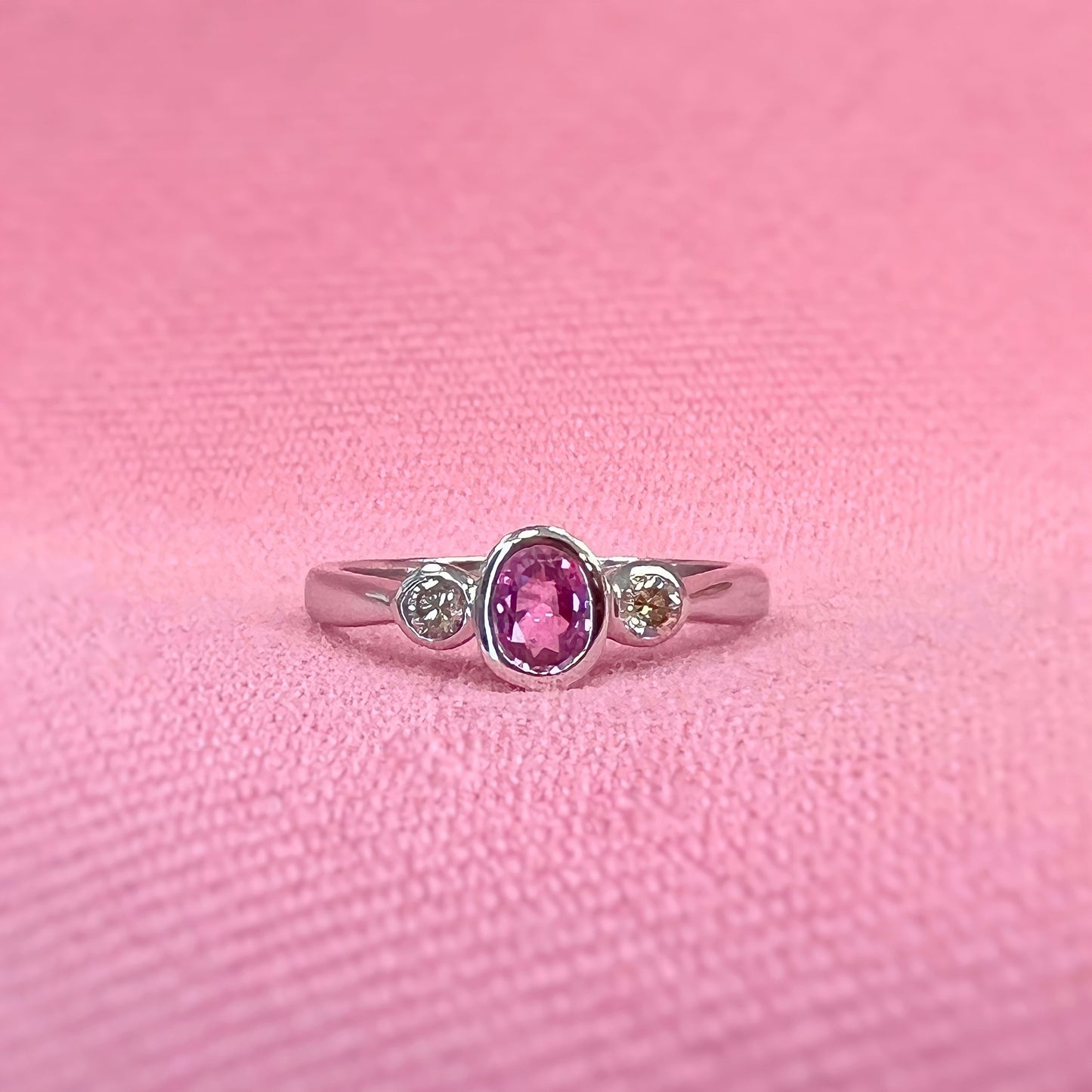 18ct White Gold Pink Sapphire and Diamond Trilogy Ring - SIZE M