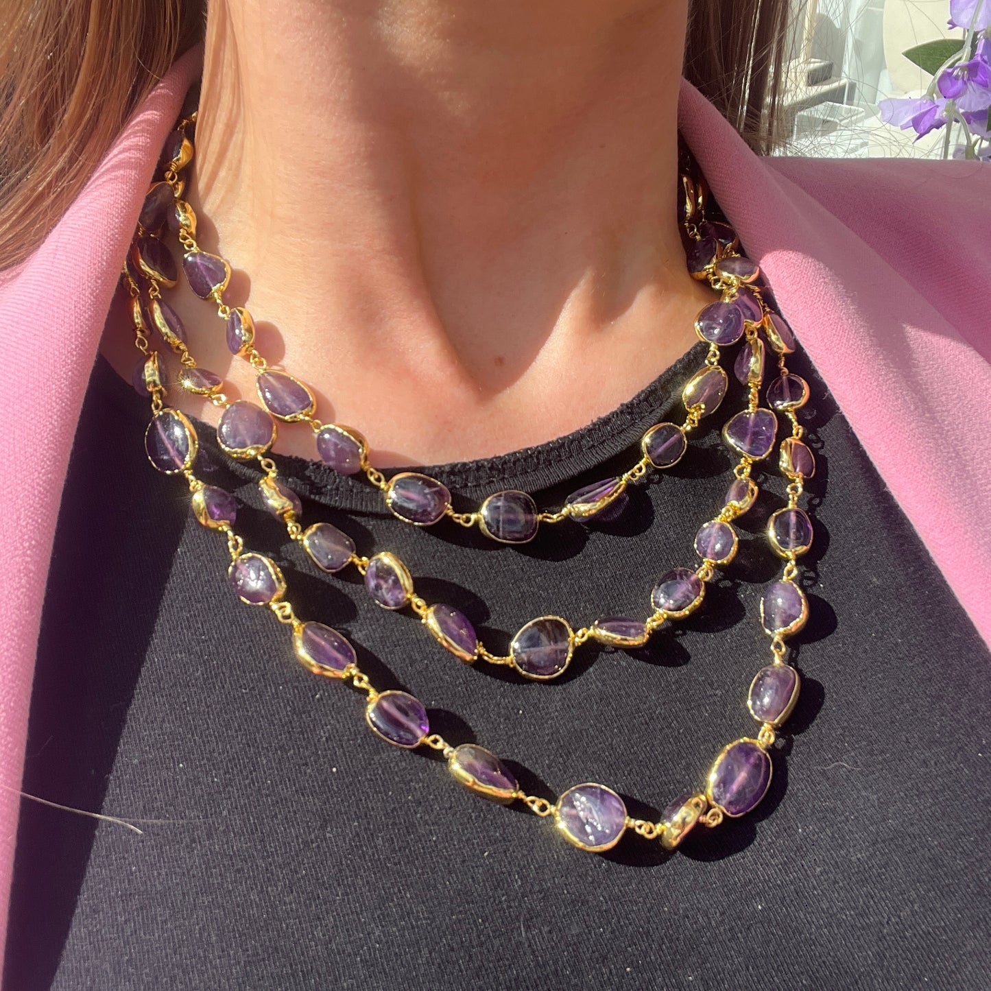 18ct Yellow Gold Plated Amethyst Triple Strand Necklace