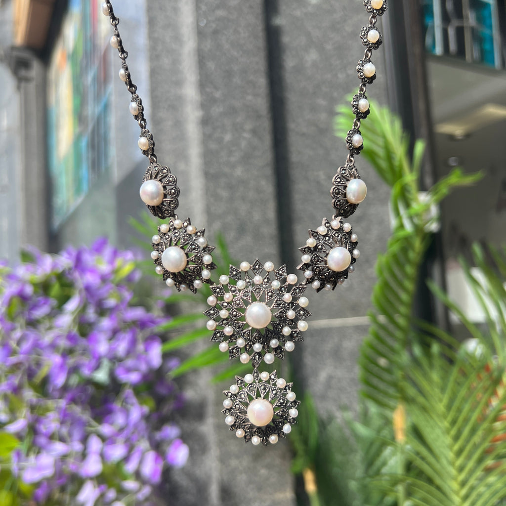 Marcasite & Pearl Sterling Silver Chunky Necklace