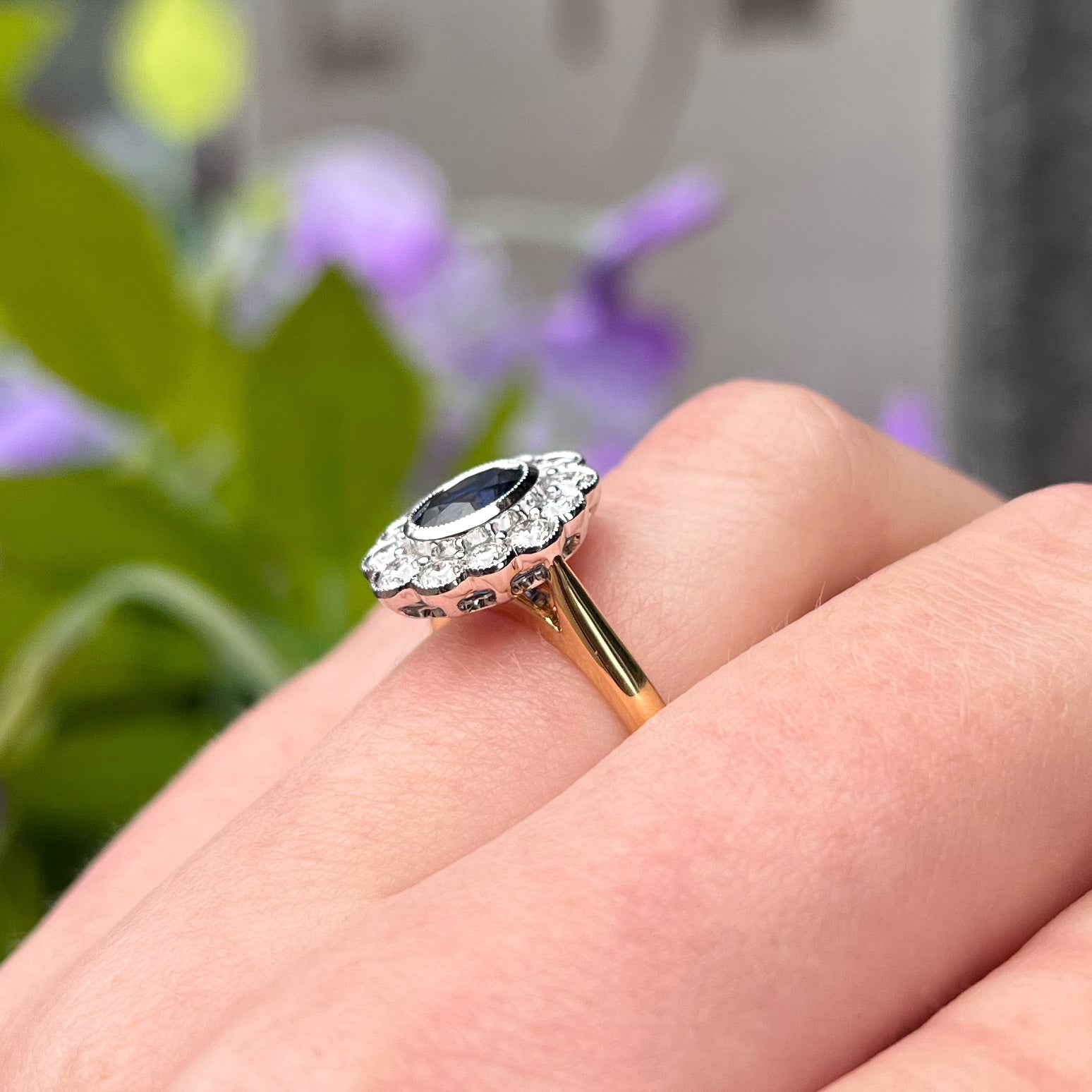 Ceylon Sapphire and Diamond 18ct Yellow Gold Cluster Ring | Size M ½
