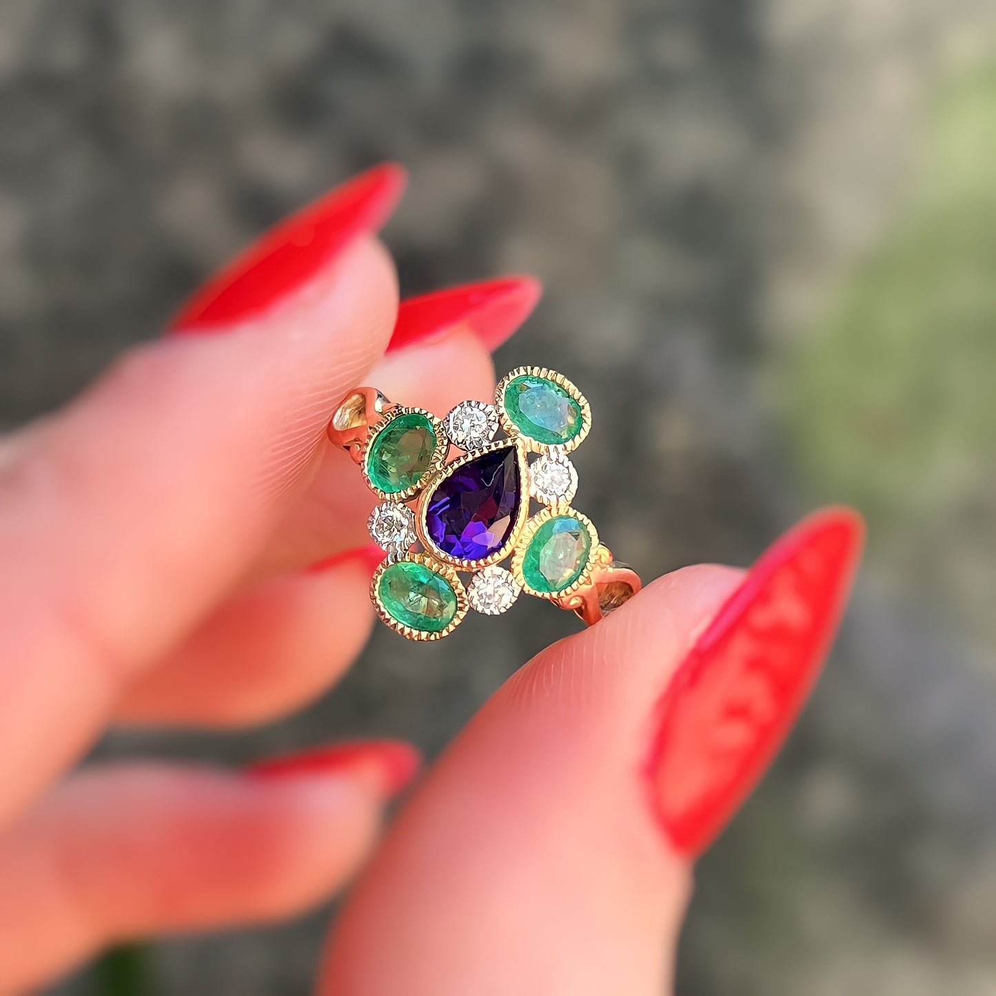 9ct Yellow Gold, Green Emerald, Purple Amethyst and Diamond Victorian Inspired Ring - SIZE O