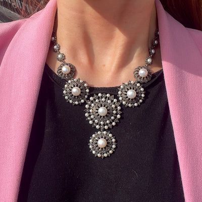 Marcasite & Pearl Sterling Silver Chunky Necklace