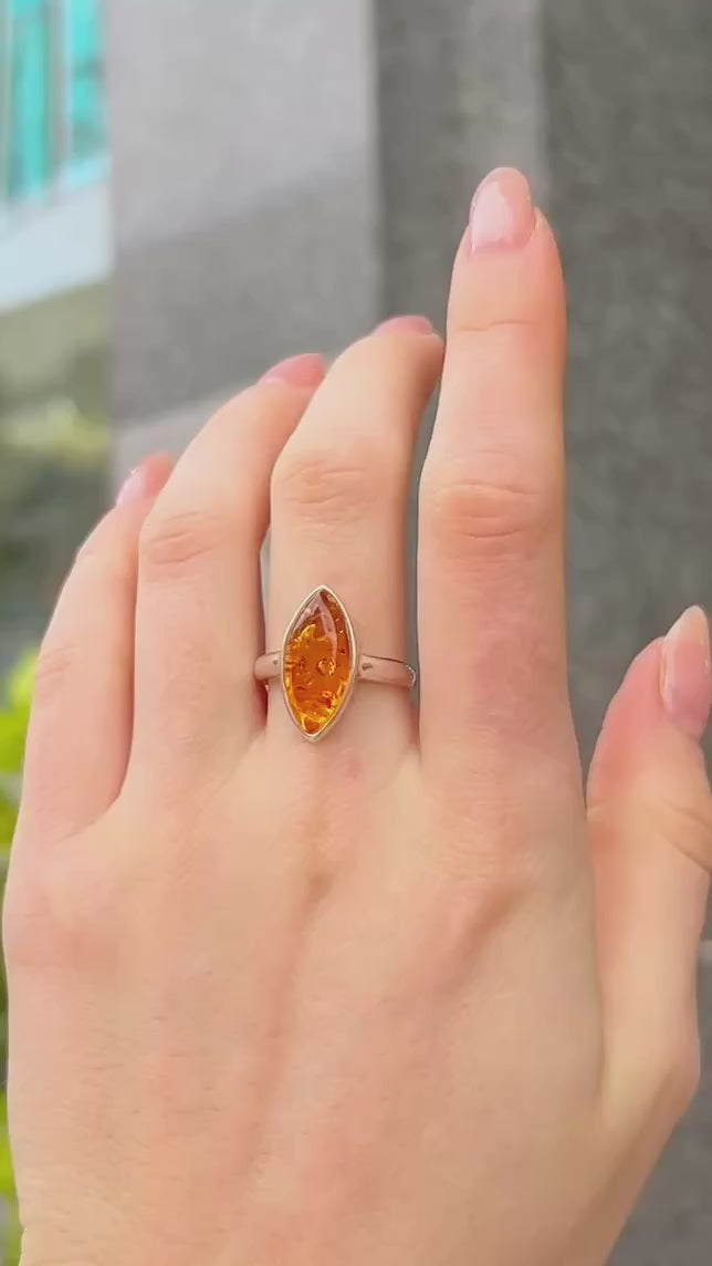 Orange Amber Sterling Silver Marquise Cut Ring | Size M