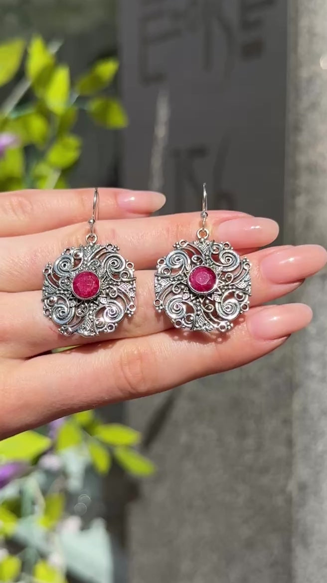 Round Cut Ruby Sterling Silver Boho Drop Earrings