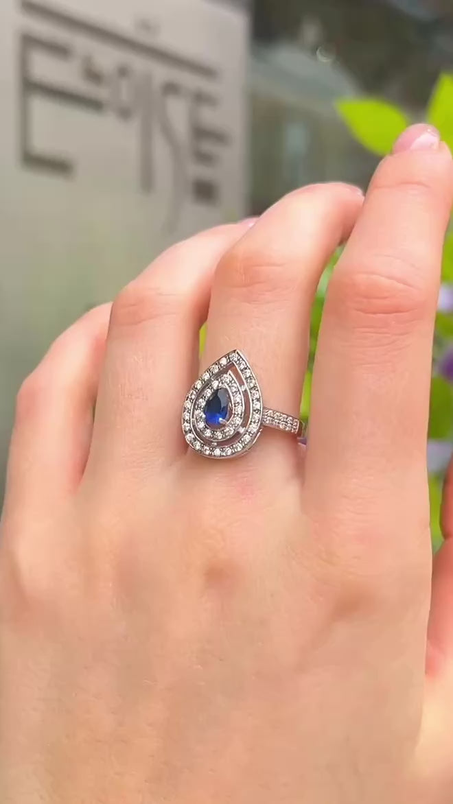 Blue Cubic Zirconia Sterling Silver Pear Shape Double Halo Ring | Size N